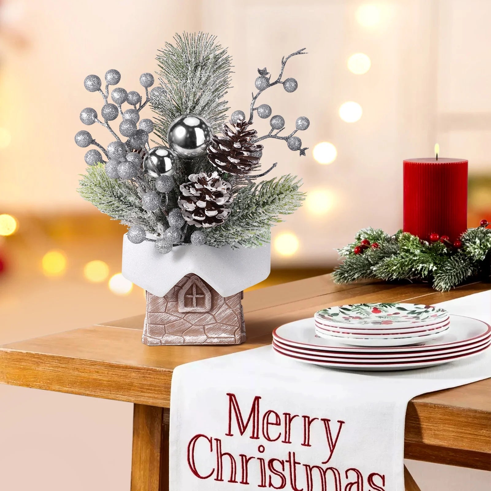 Mini Christmas Tree with Pine Cone Berry, Bottle Brush Christmas Trees for Christmas Decorations Indoor, Christmas Tabletop Decor Centerpiece | Square