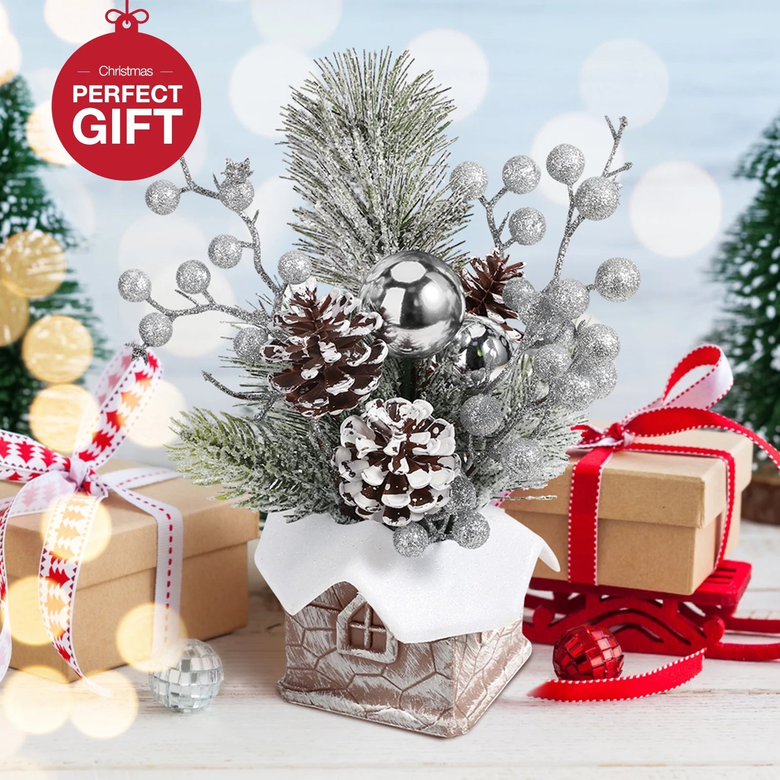 Mini Christmas Tree with Pine Cone Berry, Bottle Brush Christmas Trees for Christmas Decorations Indoor, Christmas Tabletop Decor Centerpiece | Square