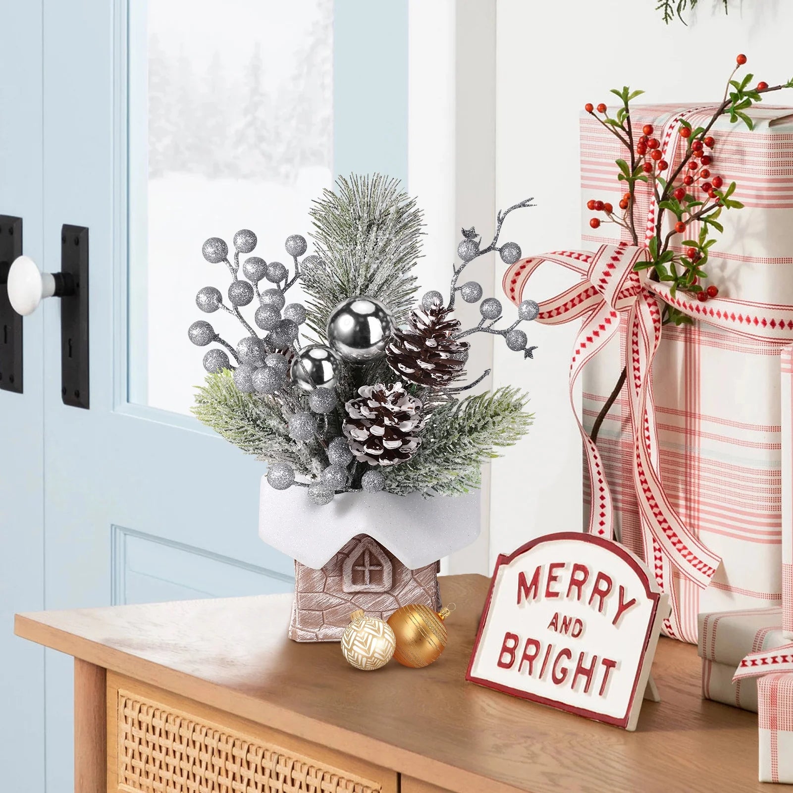 Mini Christmas Tree with Pine Cone Berry, Bottle Brush Christmas Trees for Christmas Decorations Indoor, Christmas Tabletop Decor Centerpiece | Square