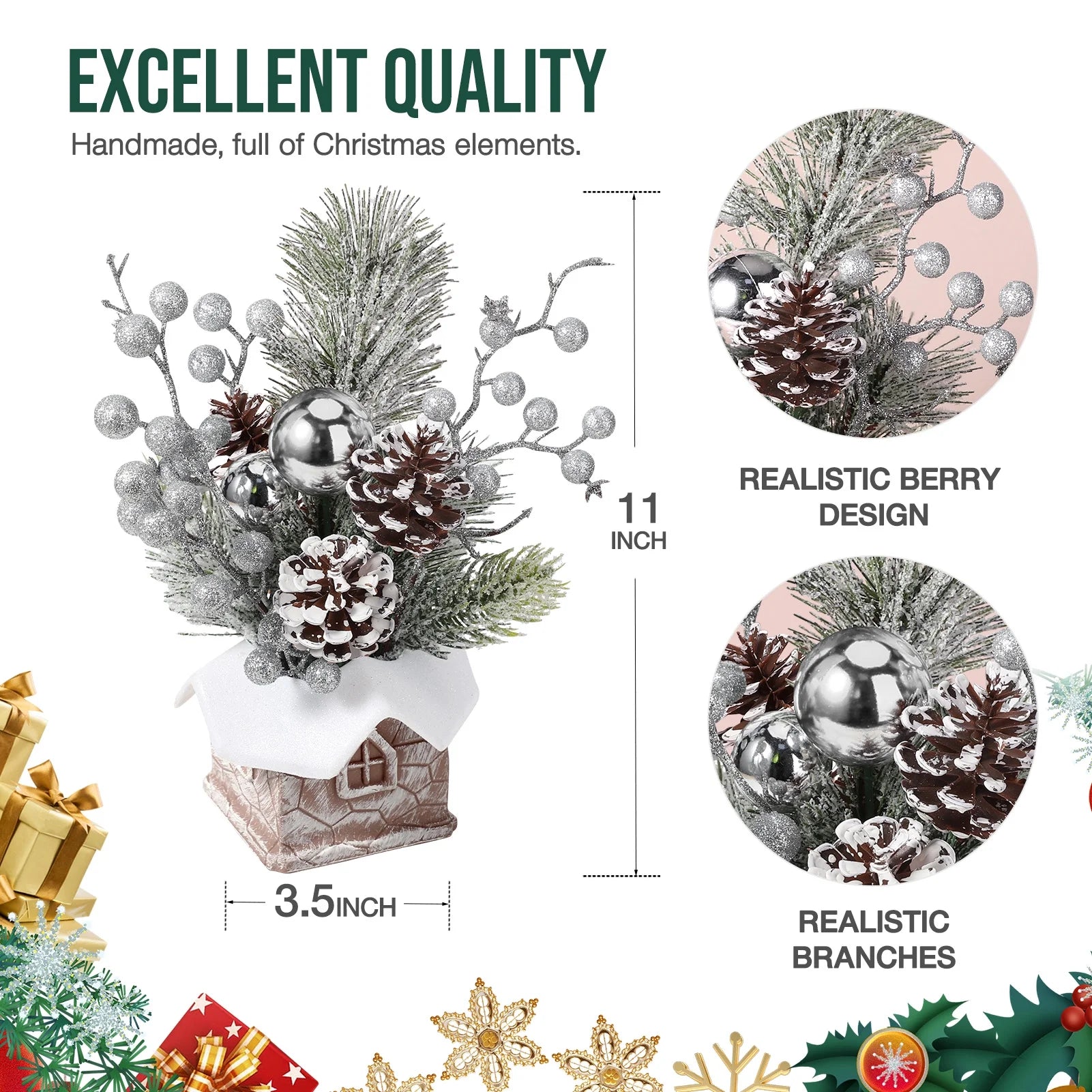 Mini Christmas Tree with Pine Cone Berry, Bottle Brush Christmas Trees for Christmas Decorations Indoor, Christmas Tabletop Decor Centerpiece | Square